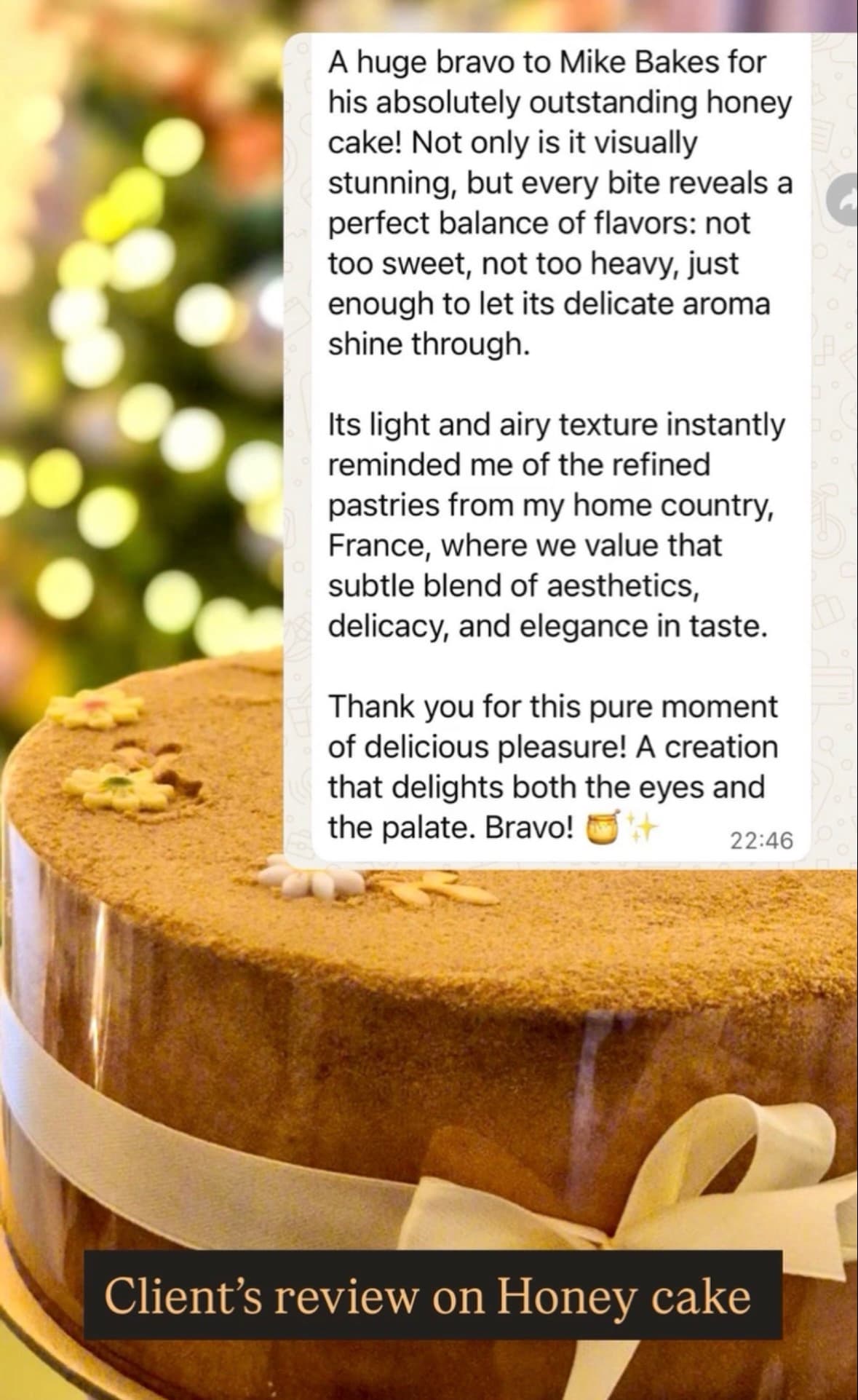 A customer message about Honey Cake