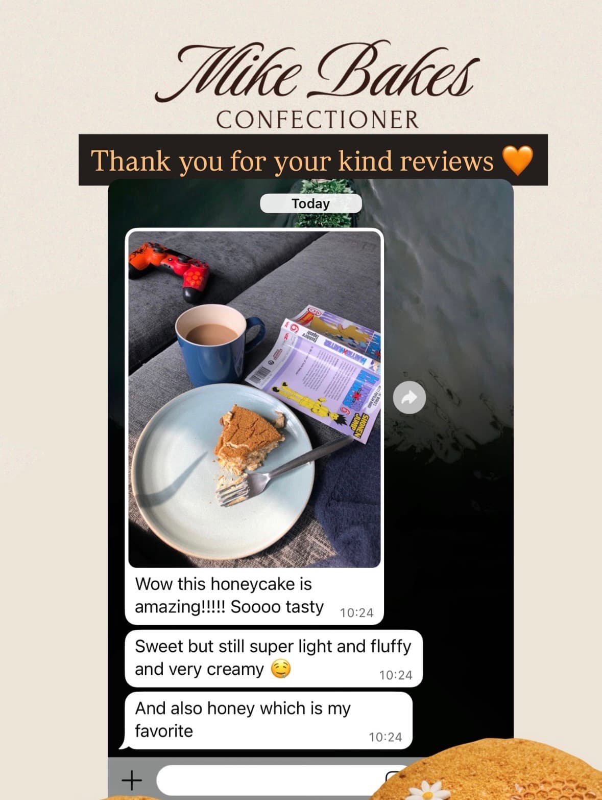 A customer message about Honey Cake