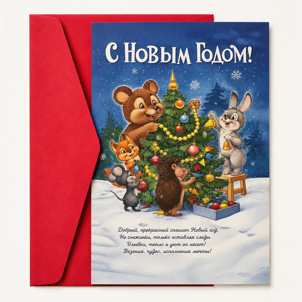 New Year card, animals round the tree