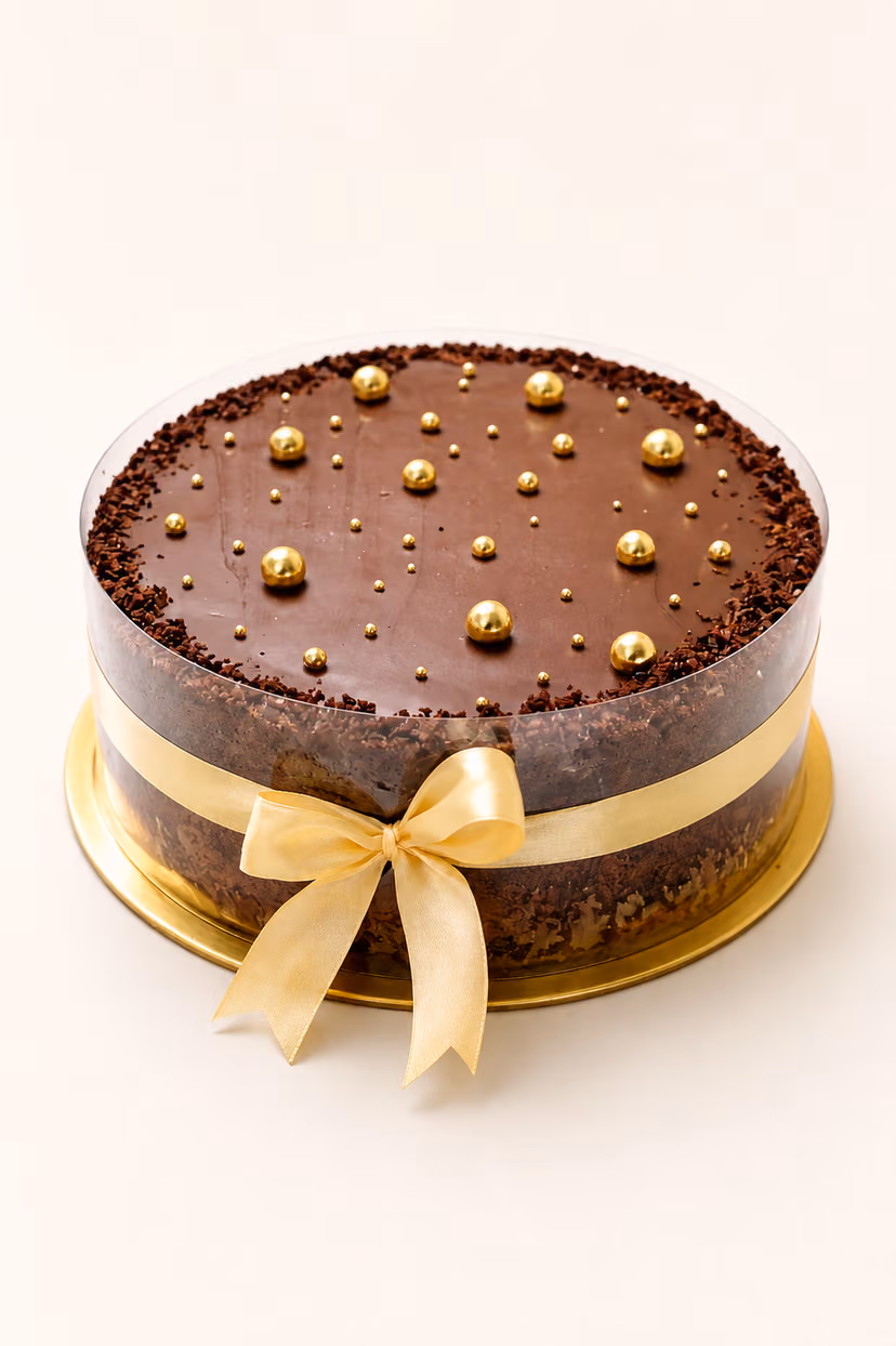 A chocolate glazed Prague cake cut to show its layers