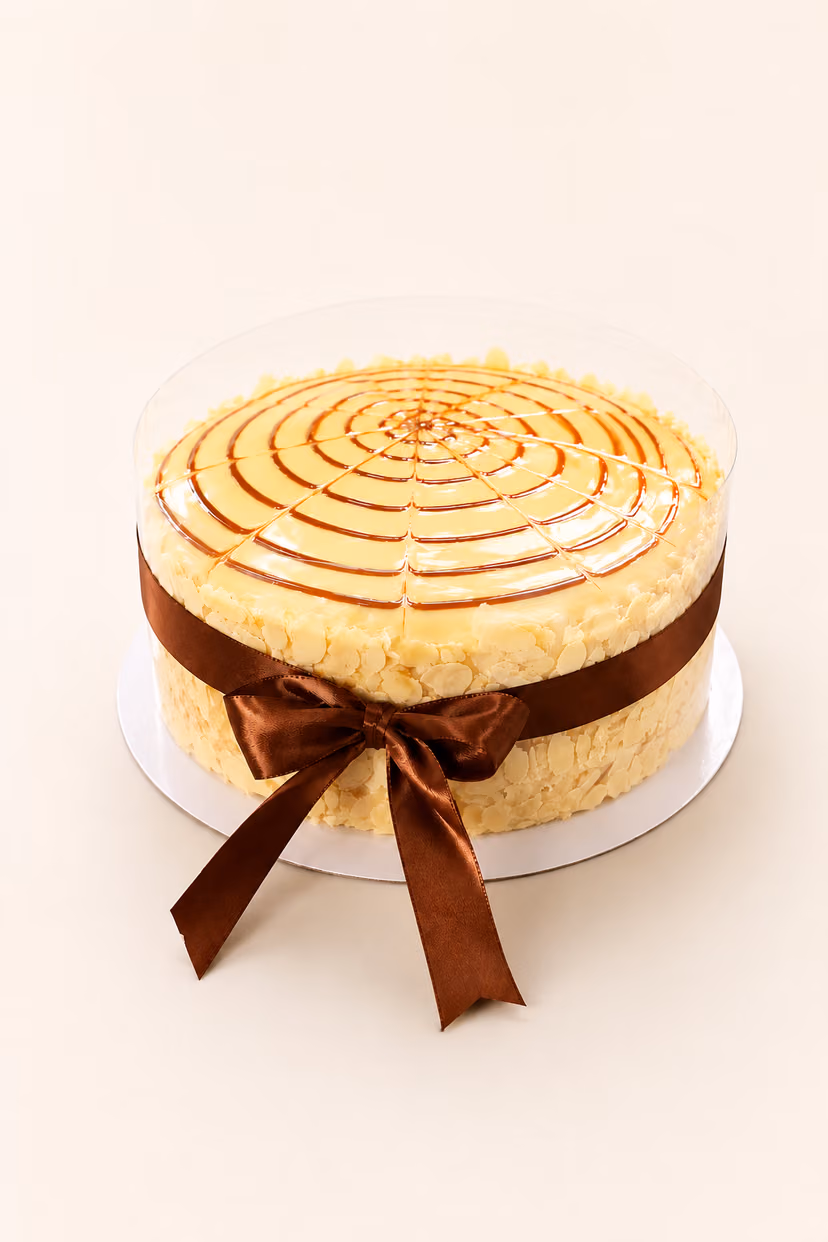 An Esterházy cake with its feathered white icing pattern on top